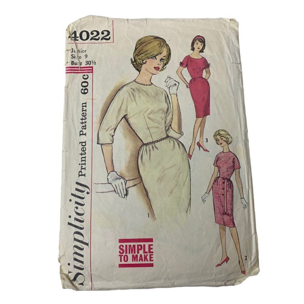 Vintage 60s Simplicity 4022 Pattern Juniors Misses 9-18 One Pce Dress Easy Cut